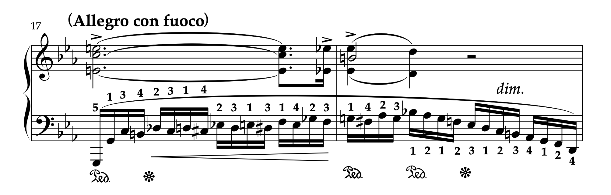 ショパン「革命のエチュード」17-18小節の楽譜。ペダリングと運指の詳細を示す。