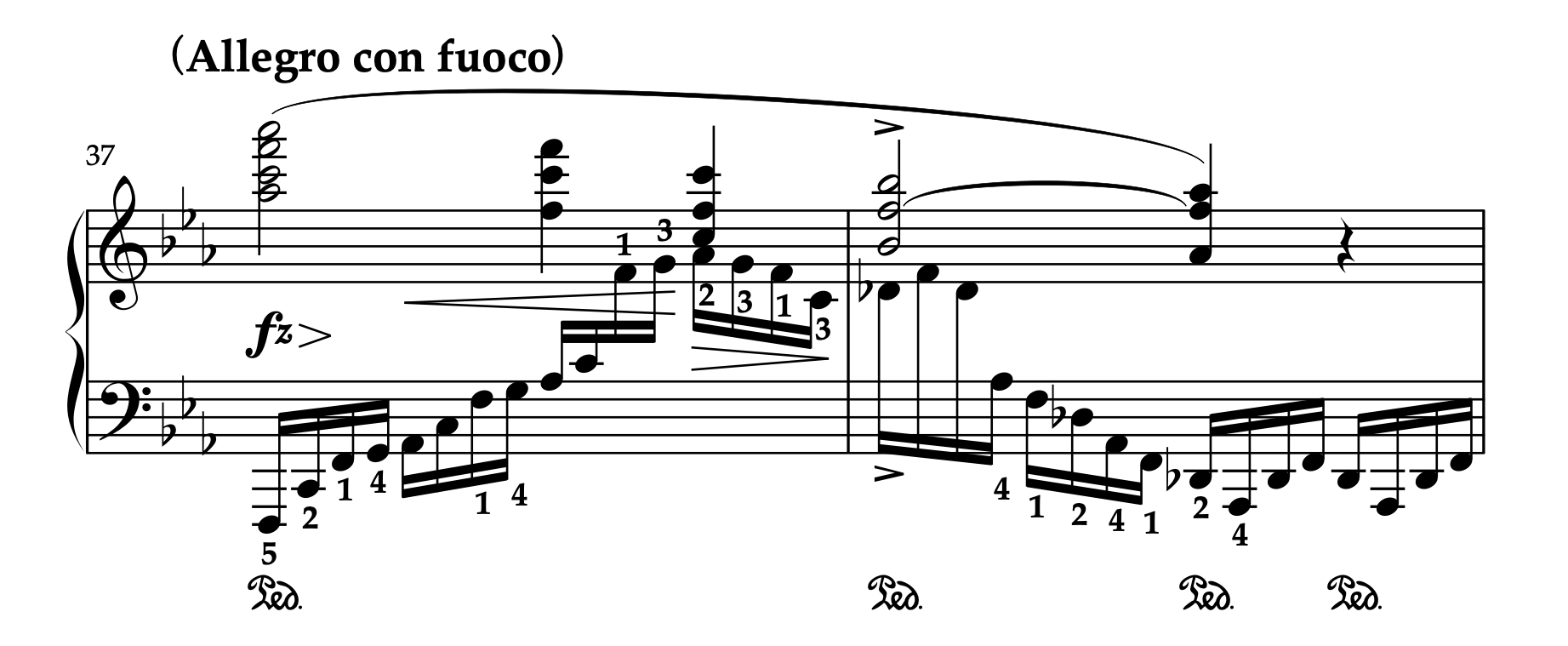 ショパン「革命のエチュード」37-38小節の楽譜。力強い主張のセクションにおける左手の肘の使い方を示す。