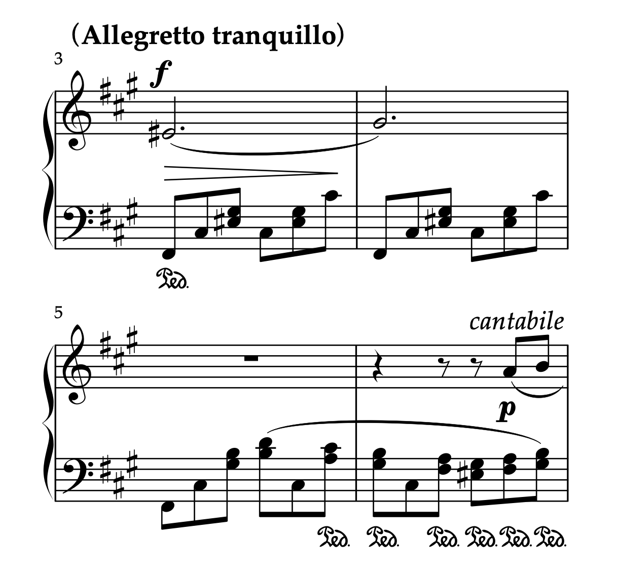 メンデルスゾーン「無言歌集 ベニスの舟歌 Op.30-6」の3-6小節の楽譜。fの扱い、ペダリング、セクションの橋渡しなど演奏上の注意点を説明するための譜例。