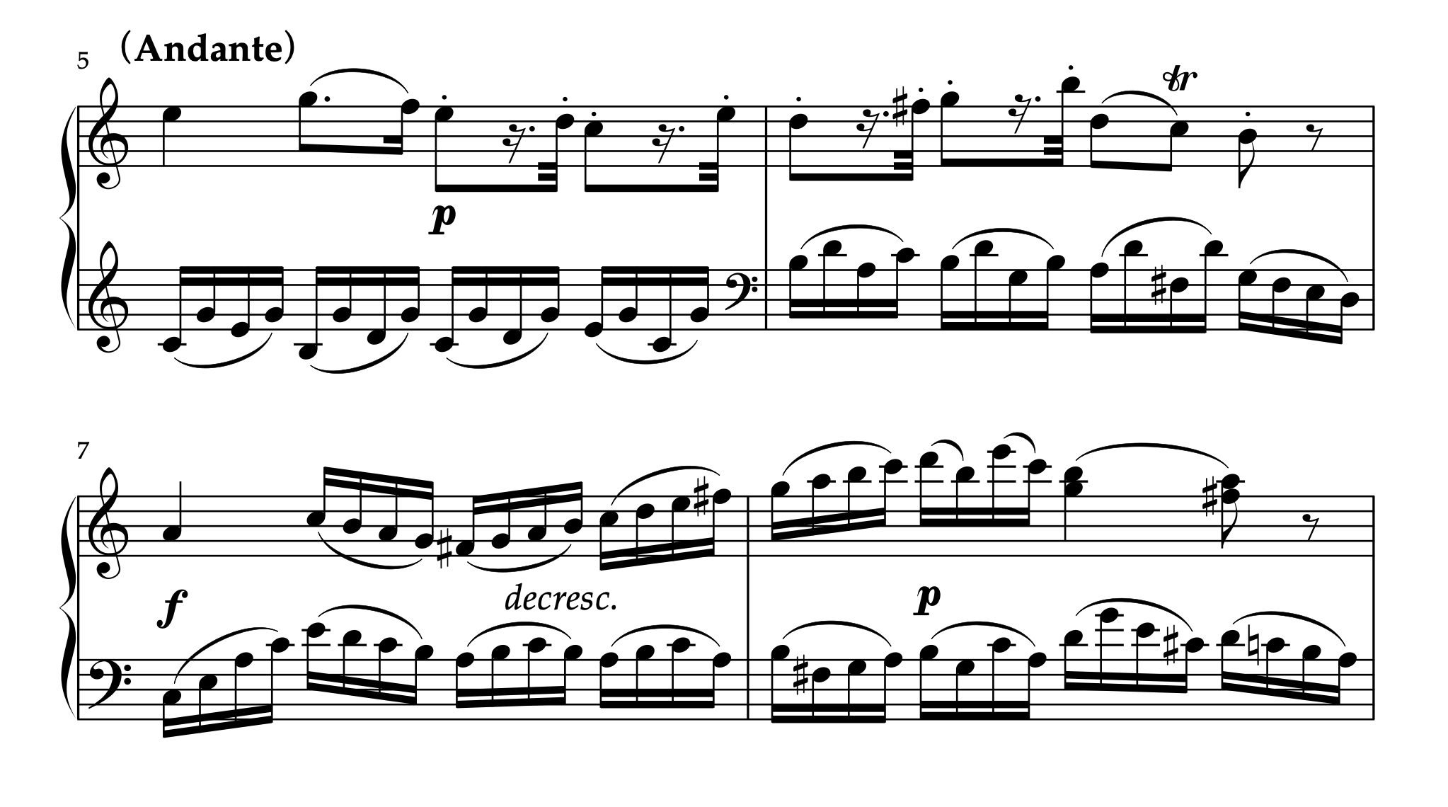 モーツァルト「ピアノソナタ ト長調 K.283 第2楽章」5-8小節。6小節4拍目からクレッシェンドを補う例。