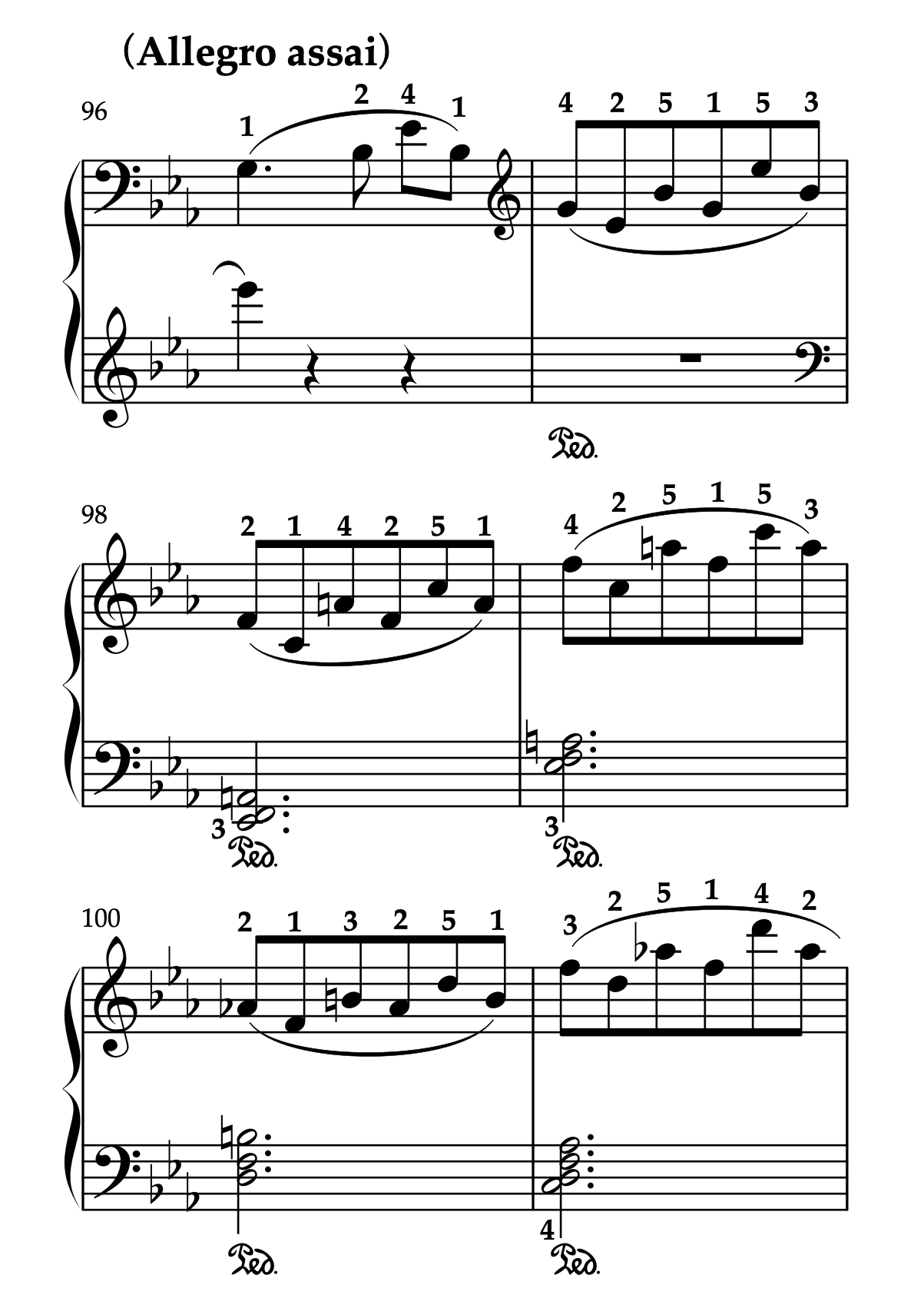 モーツァルト「ピアノソナタ ハ短調 K.457 第3楽章」96-101小節の楽譜。運指とペダリングの参考例が示されている。