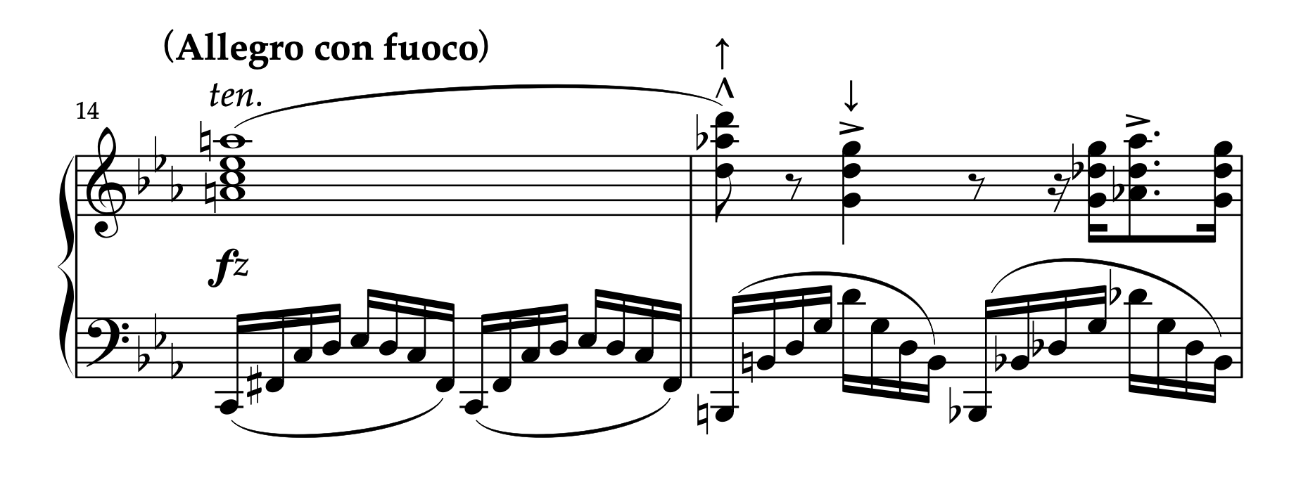 ショパン「エチュード(練習曲)ハ短調 Op.10-12 革命」14-15小節の楽譜。アップとダウンの動作を解説。