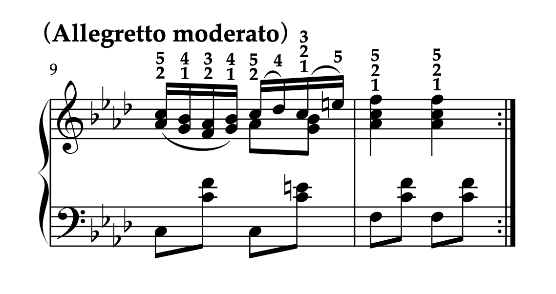 シューベルト「楽興の時 第3番 Op.94-3 ヘ短調」の9-10小節の楽譜。右手の運指例を示している。