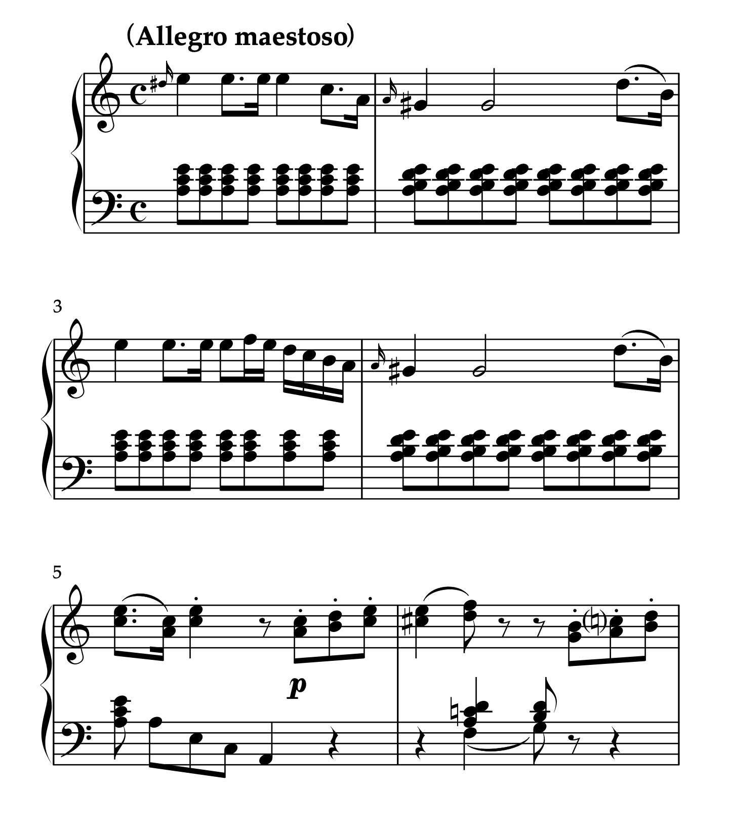 モーツァルト「ピアノソナタ イ短調 K.310 第1楽章」1-6小節。5小節3拍目裏からsubito pにして対照性を強調する例。