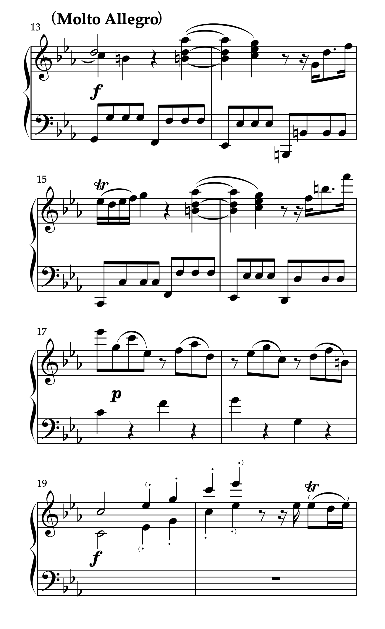 モーツァルト「ピアノソナタ ハ短調 K.457 第1楽章」13-20小節。素材の明確な切り替わりからsubitoで演奏する例。