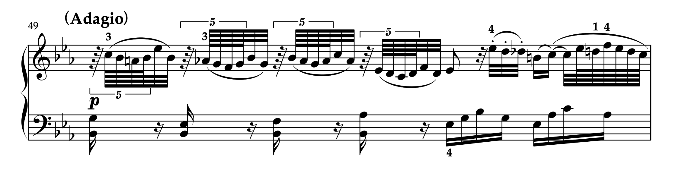 モーツァルト「ピアノソナタ ハ短調 K.457 第2楽章」49小節目の楽譜。運指と装飾音の奏法を解説。