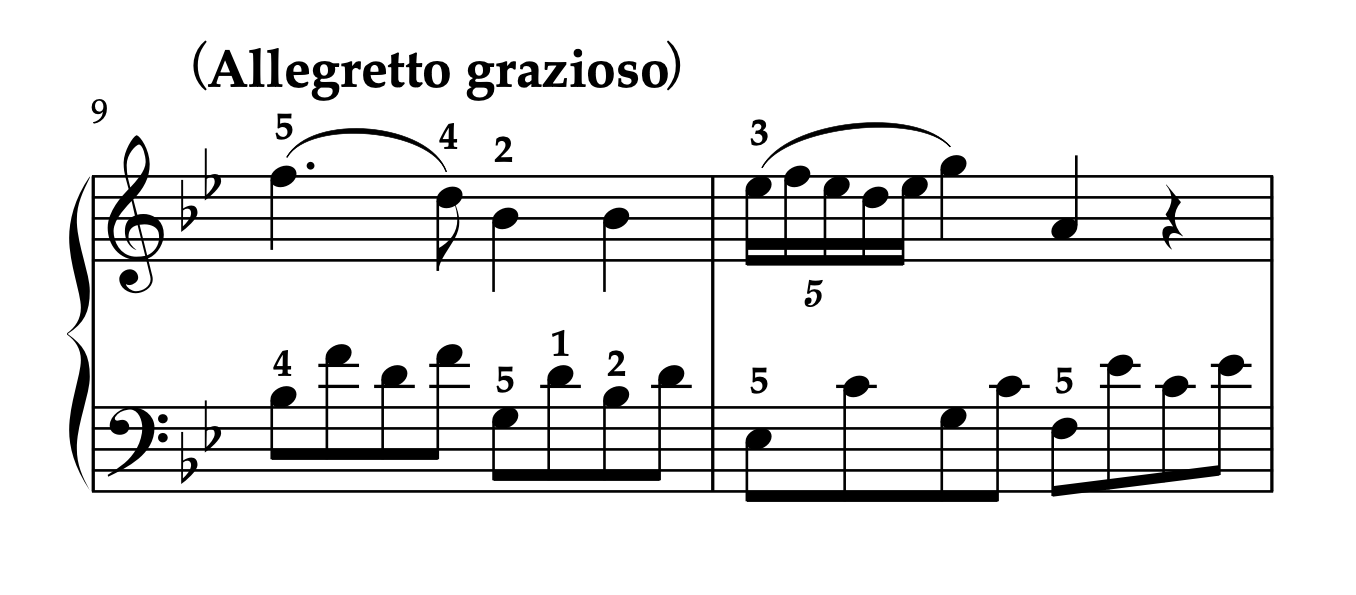 モーツァルト「ピアノソナタ K.333 第3楽章」9-10小節の楽譜。運指と装飾音の奏法の書き込み例が示されている。
