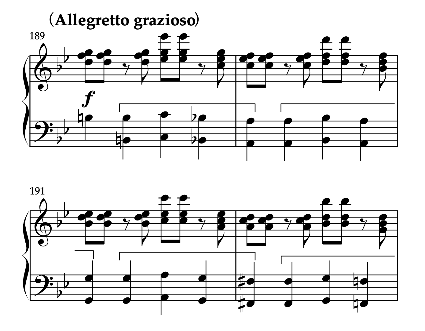 モーツァルト「ピアノソナタ K.333 第3楽章」189-192小節の楽譜。素材連結の例がカギマークで示されている。