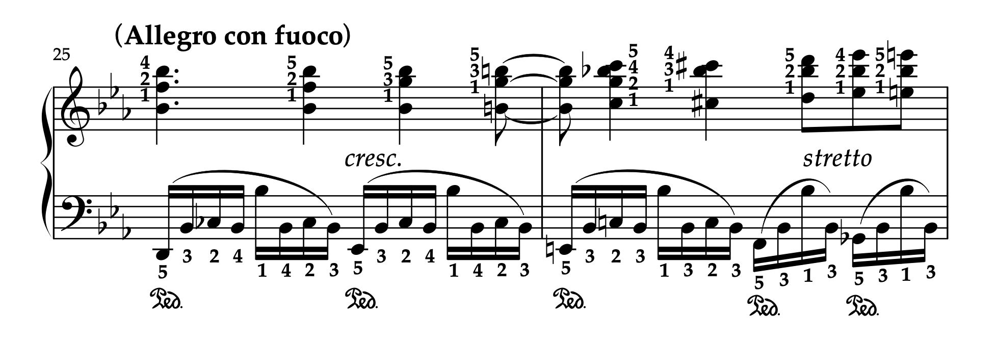 ショパン「革命のエチュード」25-26小節の楽譜。運指、クライマックスへ向かうシンコペーションとstrettoの表現を解説。