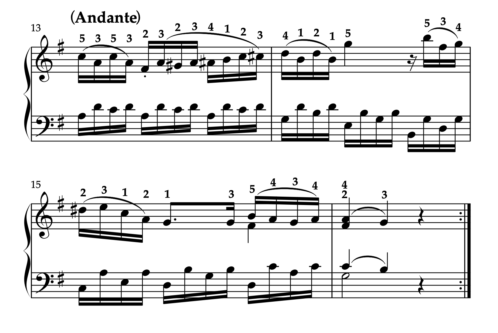 モーツァルト「ピアノソナタ ハ長調 K.545 第2楽章」13-15小節。運指とクライマックスへの表現。