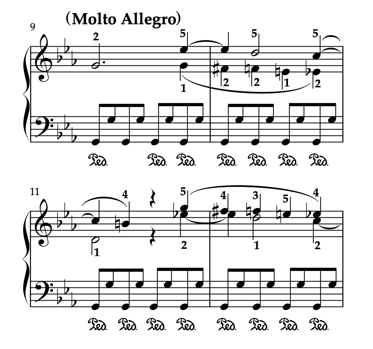 モーツァルト「ピアノソナタ ハ短調 K.457 第1楽章」9-12小節の楽譜。運指の参考例が示されている。