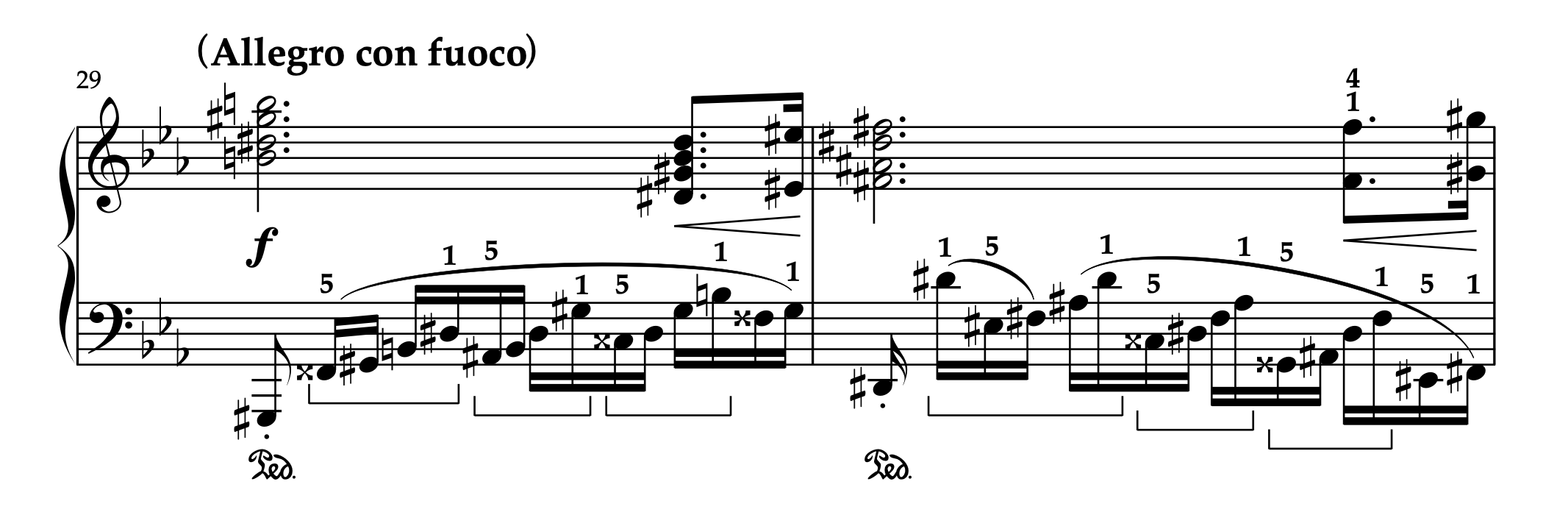 ショパン「革命のエチュード」29-30小節の楽譜。B部分の構造と左手の分散和音の練習方法を解説。