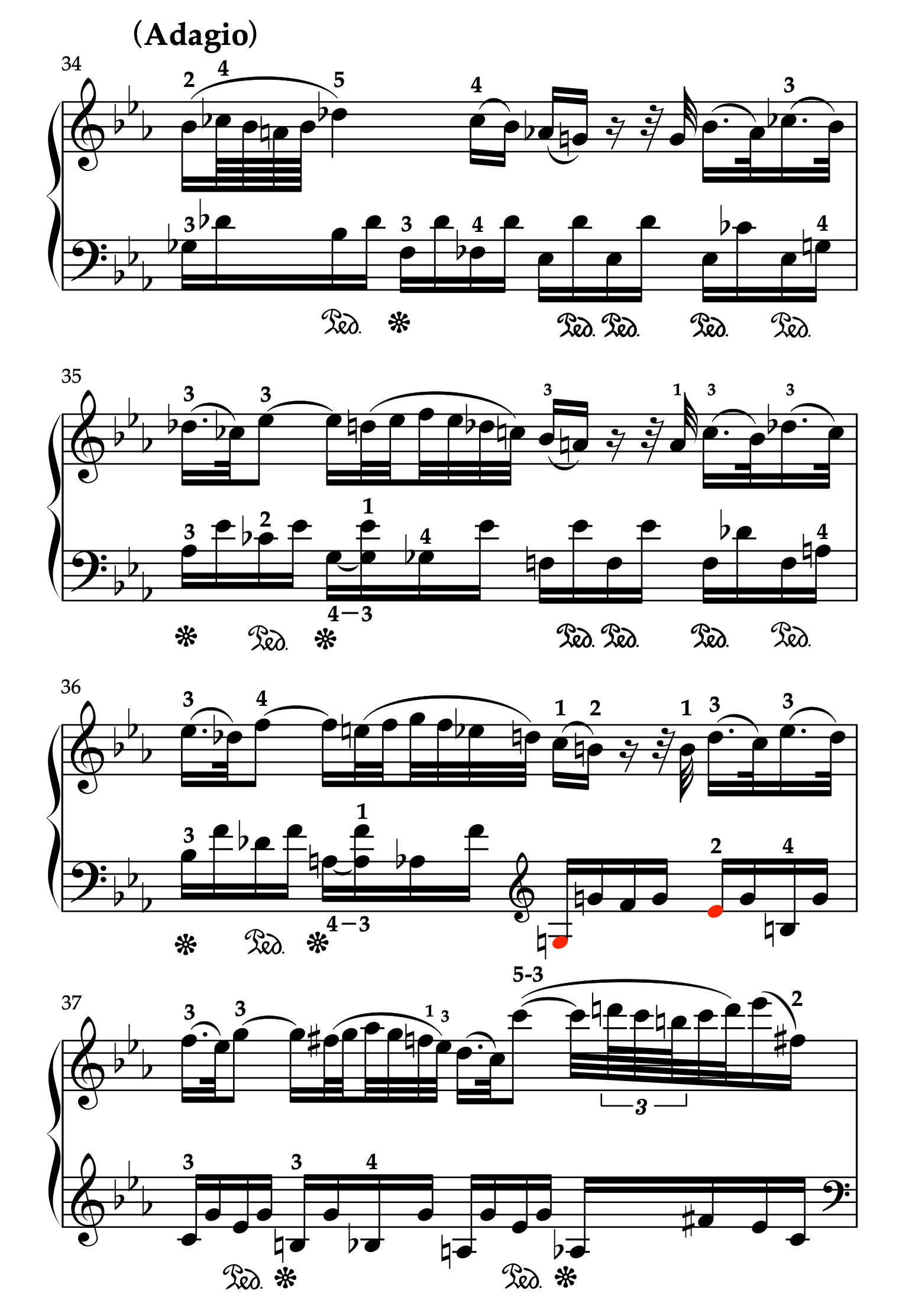 モーツァルト「ピアノソナタ ハ短調 K.457 第2楽章」34-37小節の楽譜。運指、ペダリング、装飾音の奏法を解説。