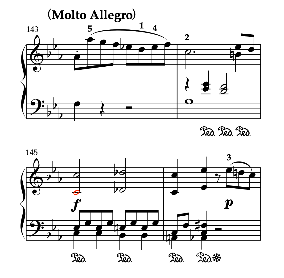 モーツァルト「ピアノソナタ ハ短調 K.457 第1楽章」143-146小節の楽譜。運指の工夫例が示されている。