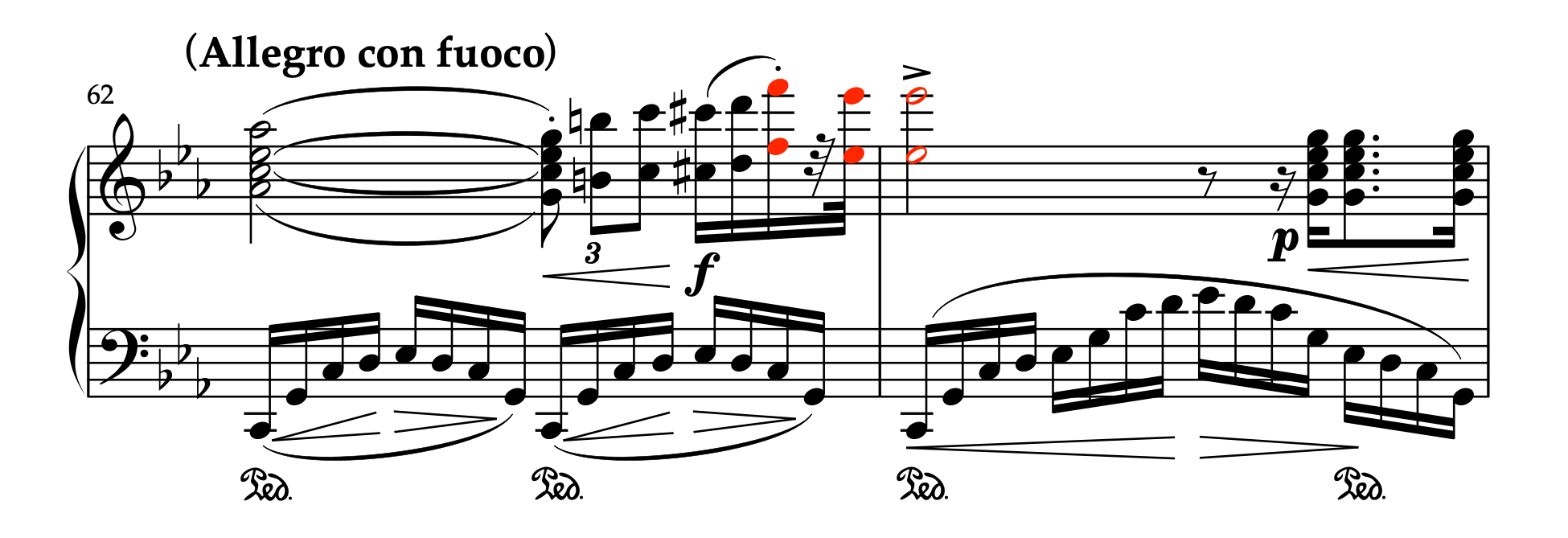 ショパン「革命のエチュード」62-63小節の楽譜。表情の変化とつなぎ目の明確な演奏法を解説。