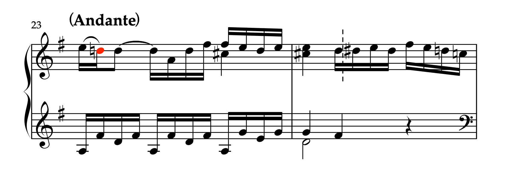 モーツァルト「ピアノソナタ ハ長調 K.545 第2楽章」23-24小節。メロディのフレーズ分け。