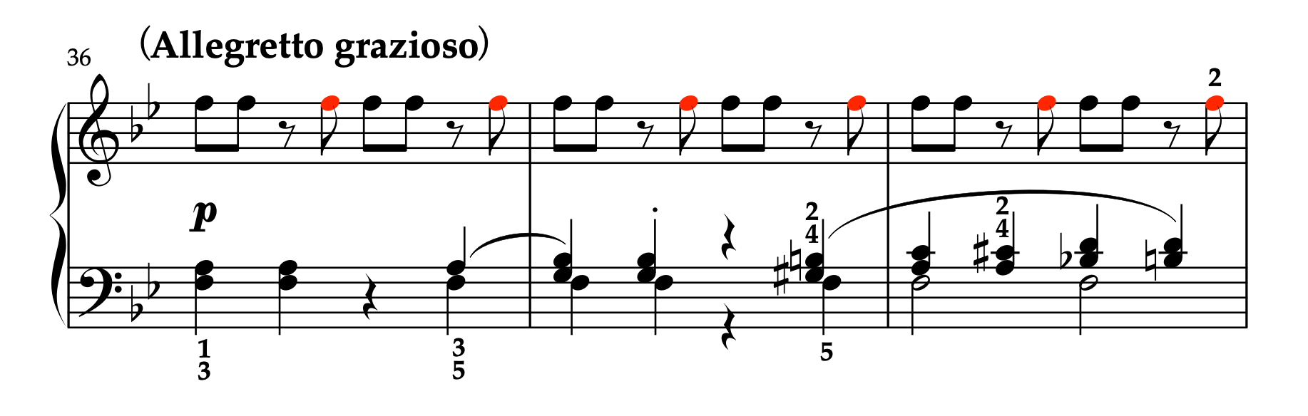 モーツァルト「ピアノソナタ K.333 第3楽章」36-38小節の楽譜。運指の書き込み例と、各セットの最後の音が赤い音符で示されている。