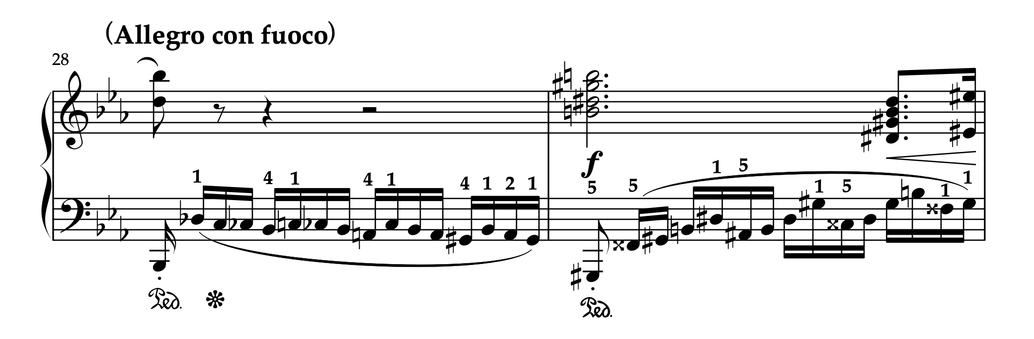 ショパン「革命のエチュード」28-29小節の楽譜。オクターヴ跳躍を安定させる運指の例を示す。