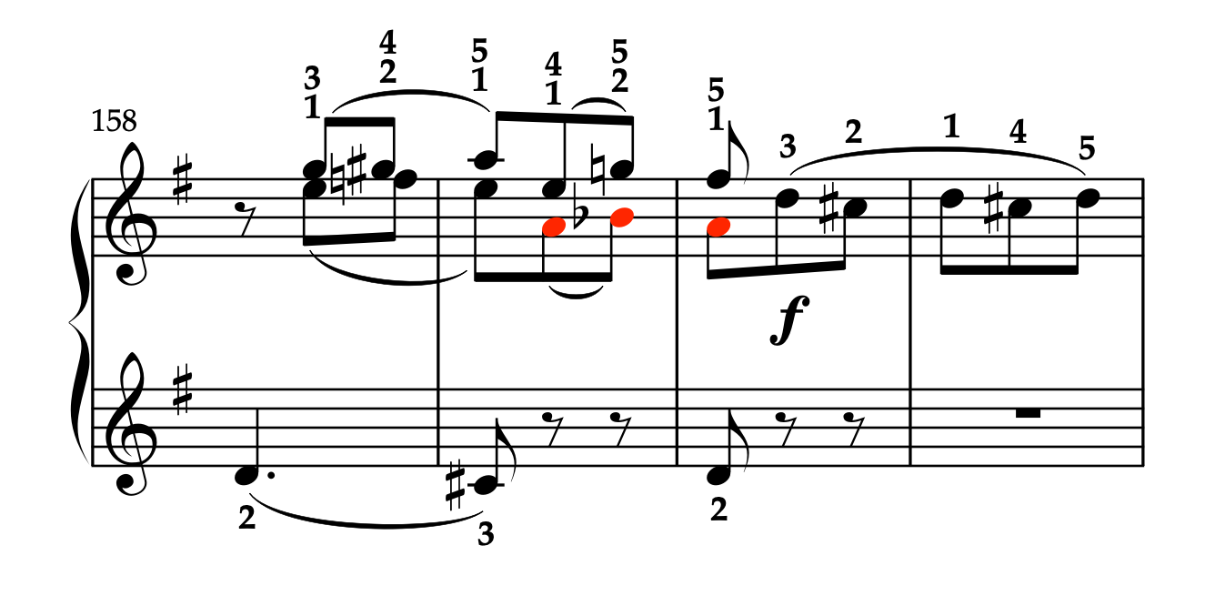 モーツァルト「ピアノソナタ ト長調 K.283 第3楽章」158-161小節。運指と技術的代替案。