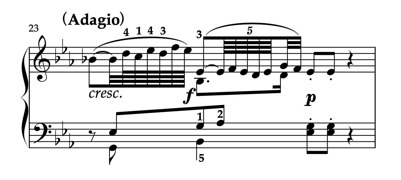 モーツァルト「ピアノソナタ ハ短調 K.457 第2楽章」23小節目の楽譜。装飾音の奏法例が示されている。