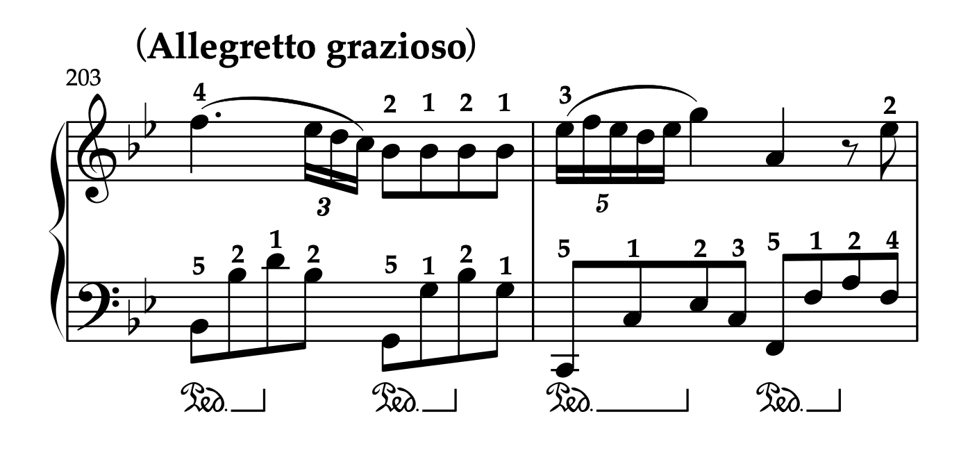 モーツァルト「ピアノソナタ K.333 第3楽章」203-204小節の楽譜。運指、ペダリング、装飾音の奏法の書き込み例が示されている。