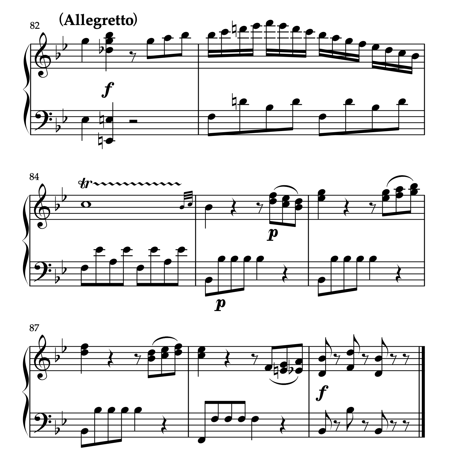 モーツァルト「ピアノソナタ 変ロ長調 K.570 第3楽章」82-89小節。最終小節の f をサプライズ効果としてsubitoで演奏する慣例的解釈の例。