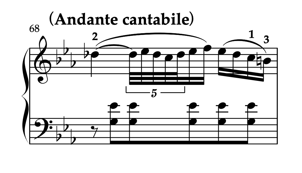 モーツァルト「ピアノソナタ K.333 第2楽章」68小節の楽譜。運指と装飾音の奏法の書き込み例が示されている。
