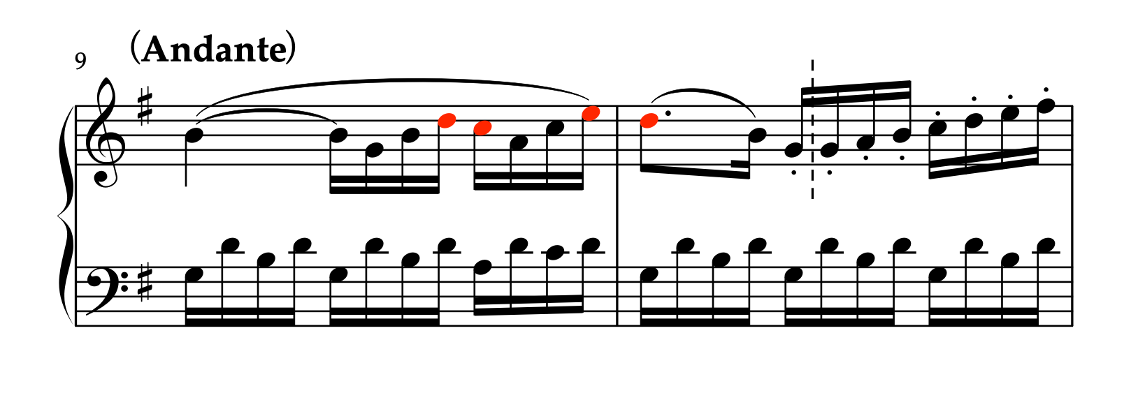 モーツァルト「ピアノソナタ ハ長調 K.545 第2楽章」9-10小節。バリエーションとつなぎの部分。