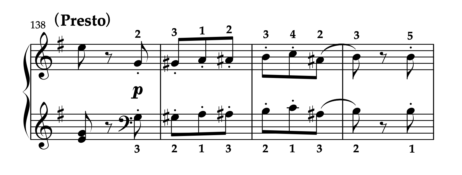 モーツァルト「ピアノソナタ ト長調 K.283 第3楽章」138-141小節。運指と和音の処理。