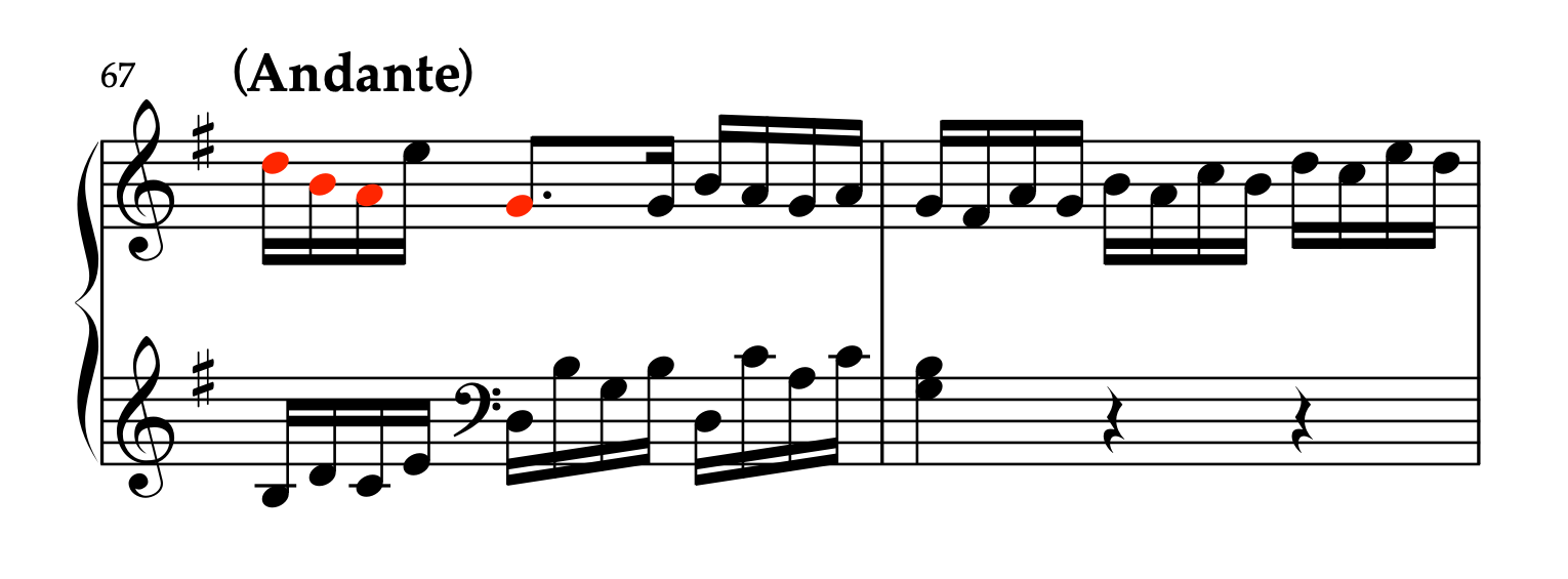 モーツァルト「ピアノソナタ ハ長調 K.545 第2楽章」67-68小節。メロディラインの流麗さとハーモニー。