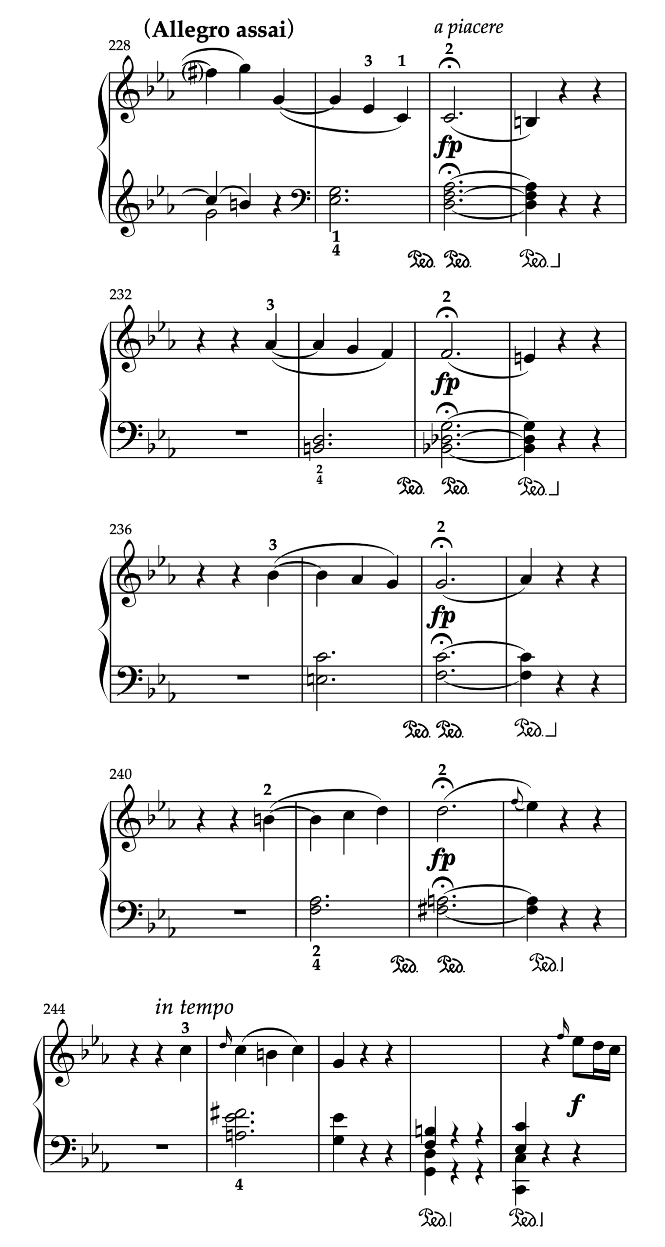 モーツァルト「ピアノソナタ ハ短調 K.457 第3楽章」228-248小節の楽譜。a piacereにおける断片化による心理的緊張の表現を解説。