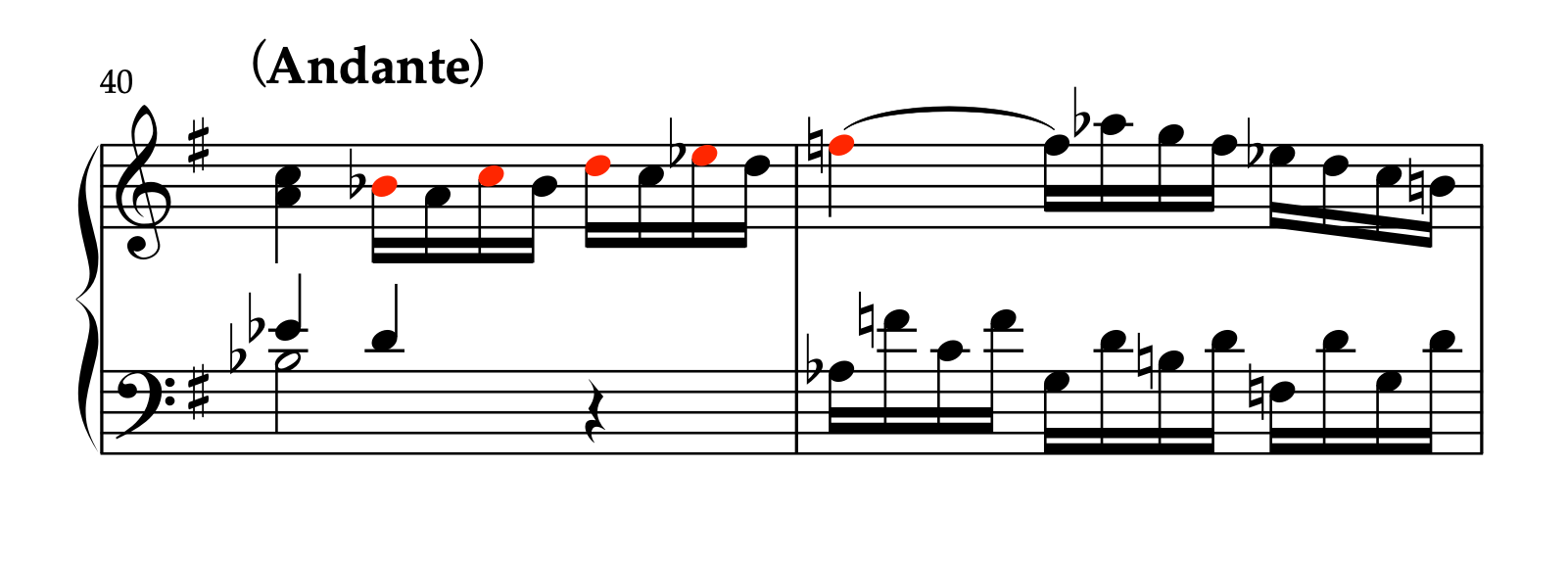 モーツァルト「ピアノソナタ ハ長調 K.545 第2楽章」40-41小節。軸となる音のバランス。