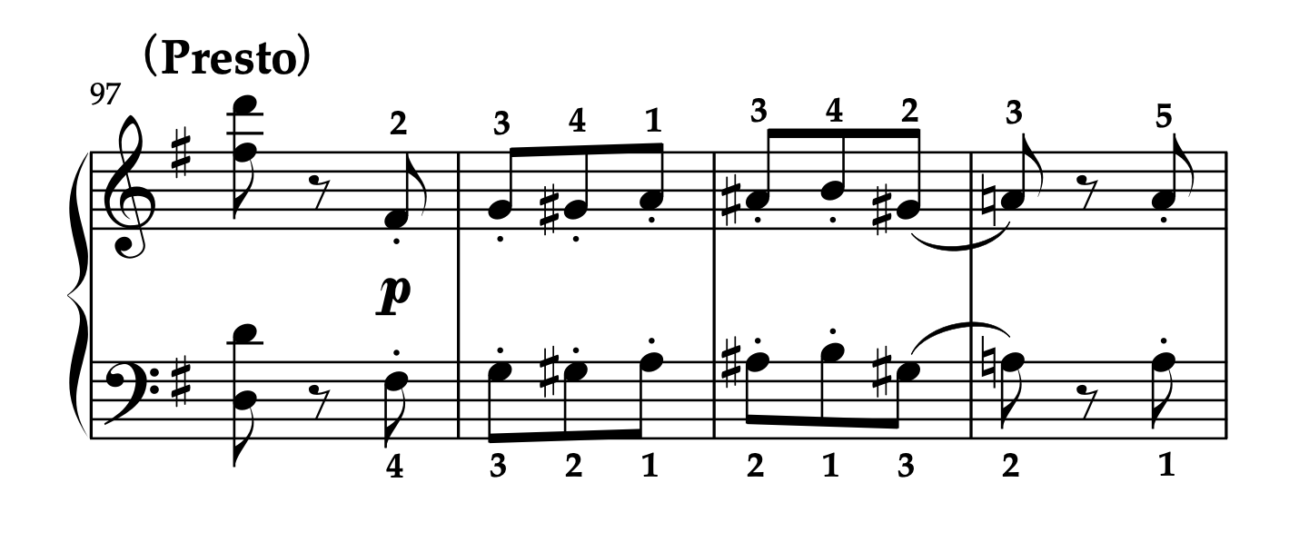 モーツァルト「ピアノソナタ ト長調 K.283 第3楽章」97-100小節。スタッカートとスラーの混在パッセージの演奏法。