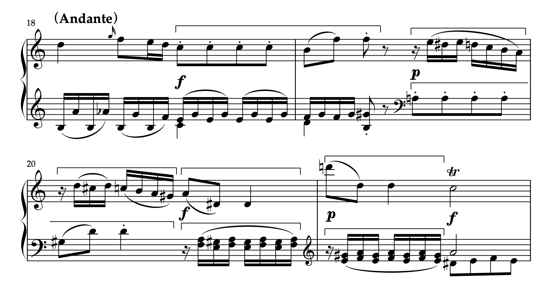 モーツァルト「ピアノソナタ ト長調 K.283 第2楽章」18-21小節。素材の断片性からsubitoでダイナミクス変化する例。