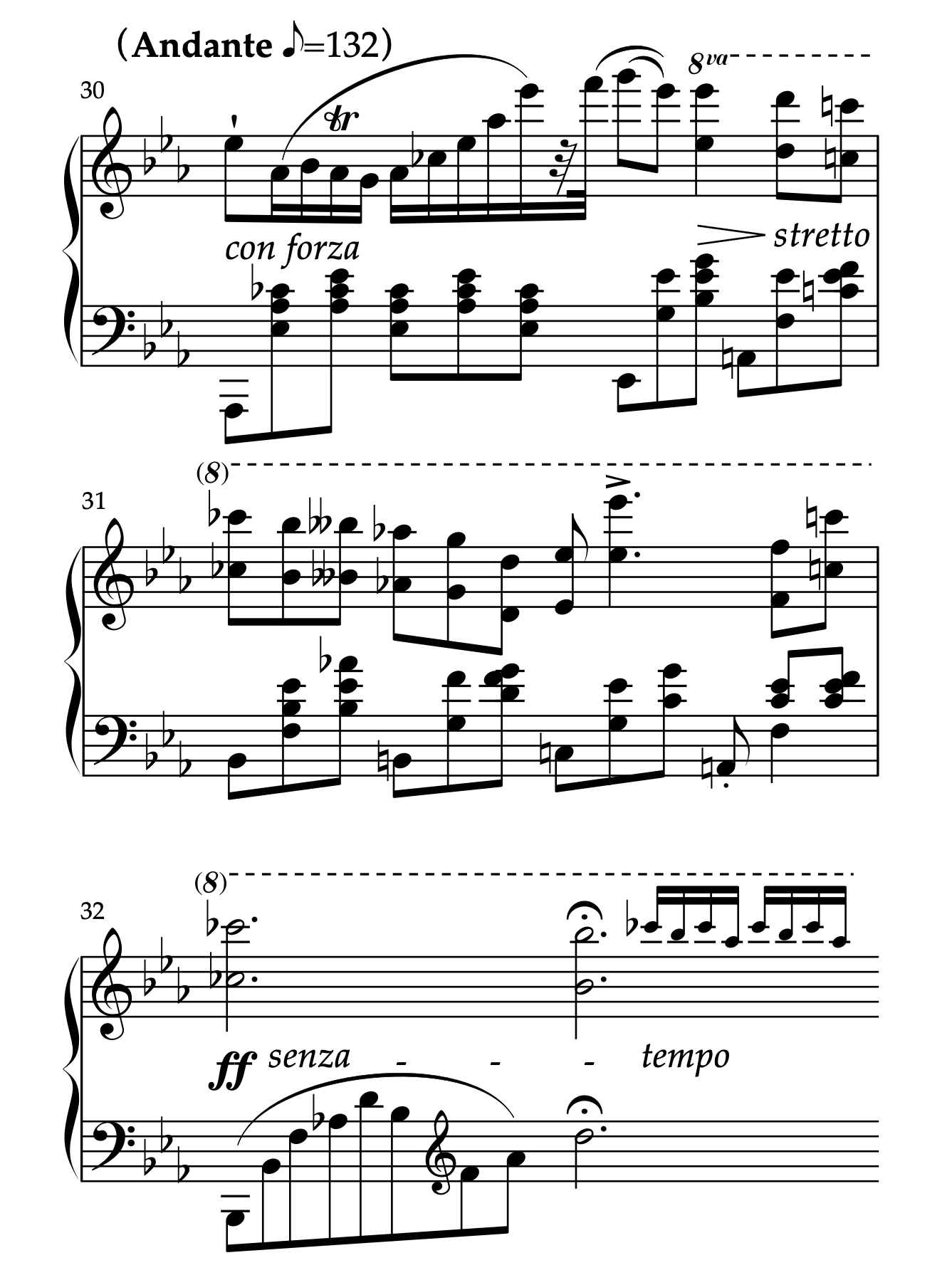 ショパン「ノクターン 第2番 変ホ長調 Op.9-2」30-32小節。strettoからsenza tempoへ向かう箇所の楽譜。