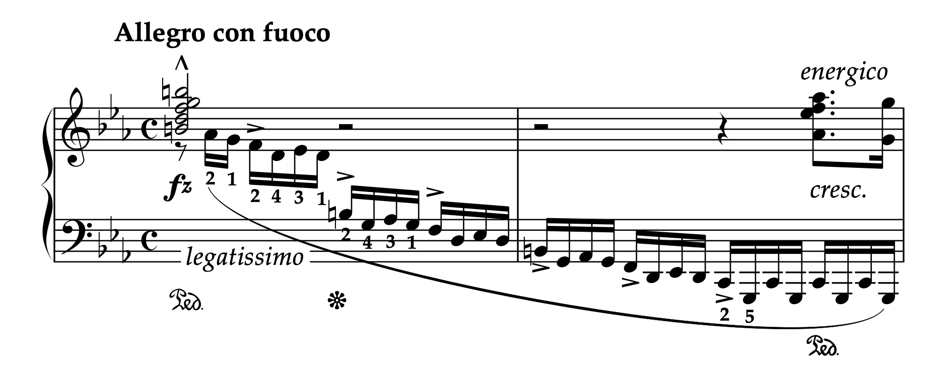 ショパン「革命のエチュード Op.10-12」冒頭部分の楽譜。ペダリングと左手のアクセントの重要性を示す。