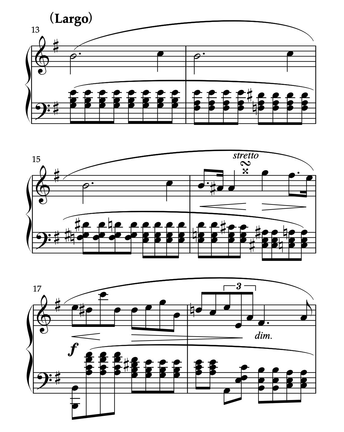 ショパン「24のプレリュード 第4番 ホ短調 Op.28-4」13-18小節。strettoの指示がある右手ターンの楽譜。