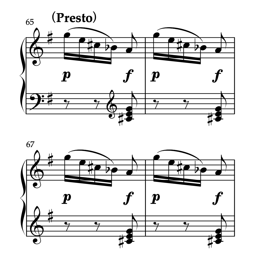 モーツァルト「ピアノソナタ ト長調 K.283 第3楽章」65-68小節。p と f のsubito交代、オーケストラ的イメージ。