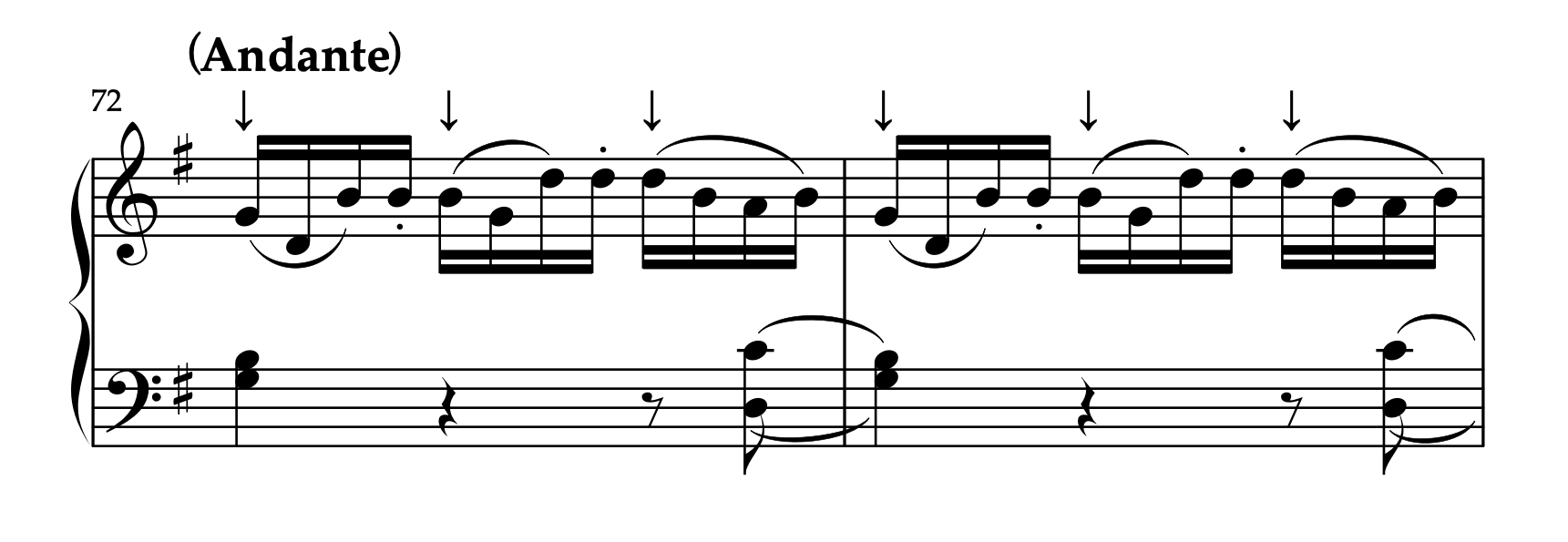 モーツァルト「ピアノソナタ ハ長調 K.545 第2楽章」72-73小節。同音連打の処理とフレーズの明確化。