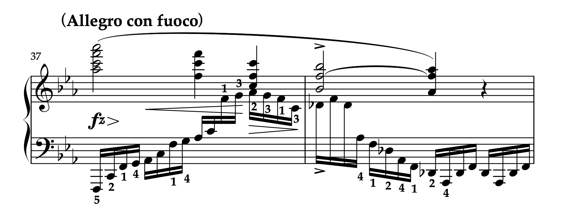 ショパン「革命のエチュード」37-38小節の楽譜。力強い主張のセクションにおける左手の肘の使い方を示す。