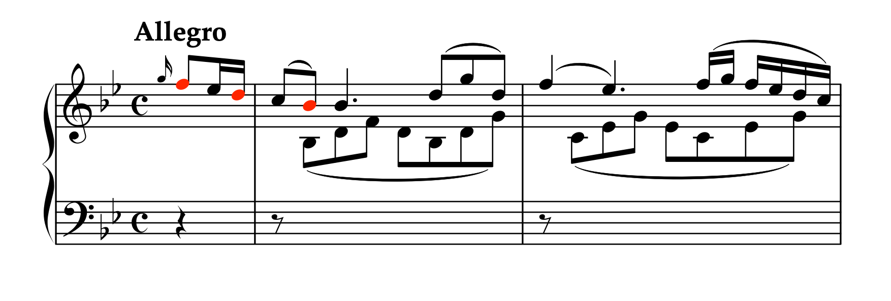 モーツァルト「ピアノソナタ K.333 第1楽章」1-2小節の楽譜。第1主題の提示部分で、軸の音「Fa Re Si」が赤い音符で示されている。