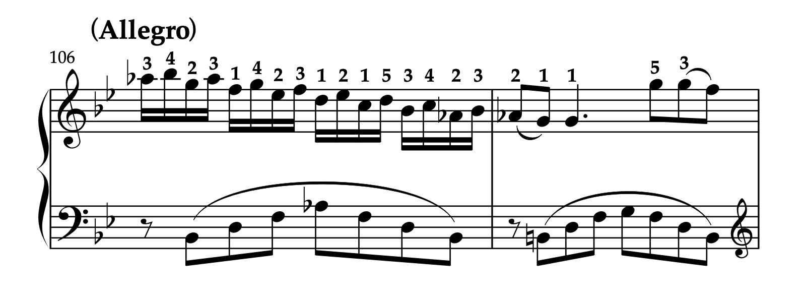 モーツァルト「ピアノソナタ K.333 第1楽章」106-107小節の楽譜。再現部の運指の書き込み例が示されている。