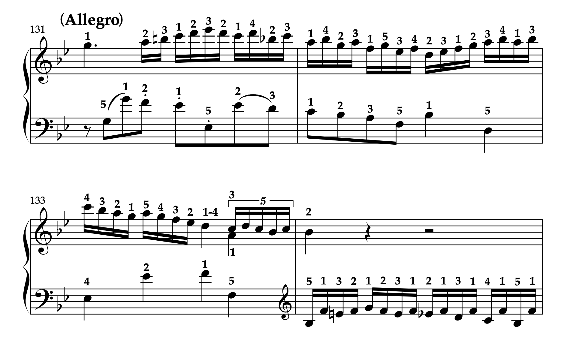 モーツァルト「ピアノソナタ K.333 第1楽章」131-134小節の楽譜。運指と装飾音の奏法の書き込み例が示されている。