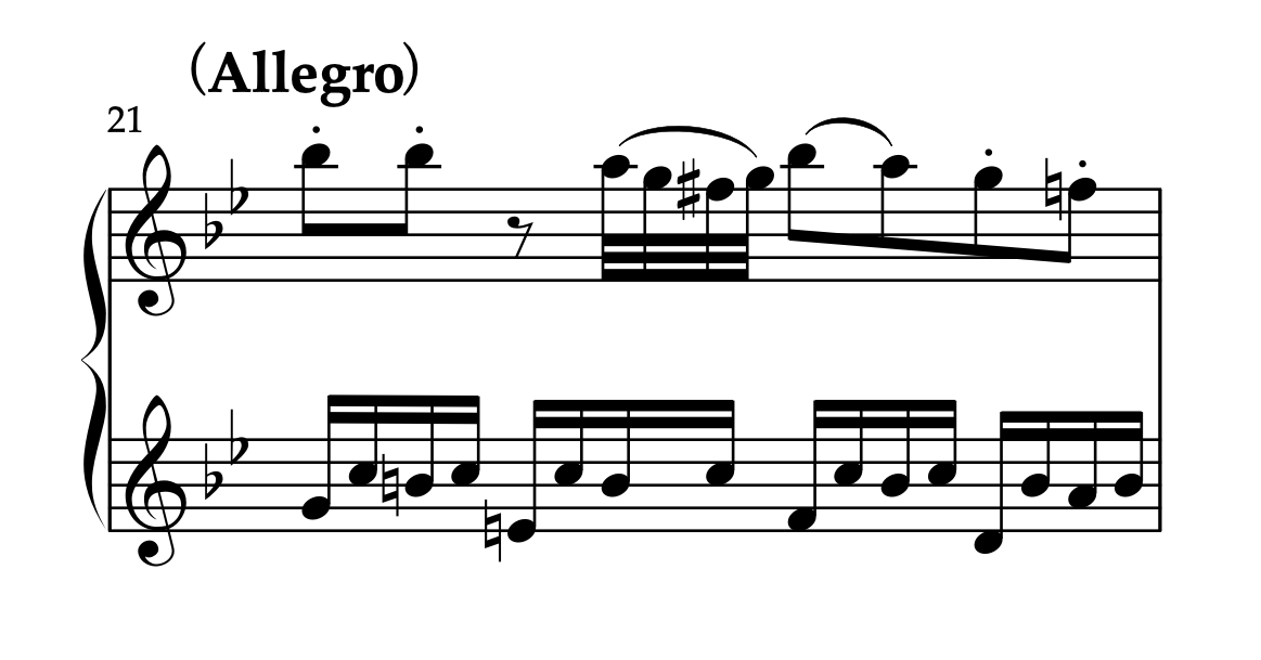 モーツァルト「ピアノソナタ K.333 第1楽章」21小節の楽譜。装飾音の奏法が示されている。