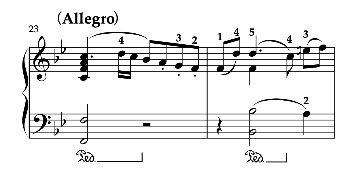 モーツァルト「ピアノソナタ K.333 第1楽章」23-24小節の楽譜。第2主題の開始部分で、運指とペダリングの書き込み例が示されている。