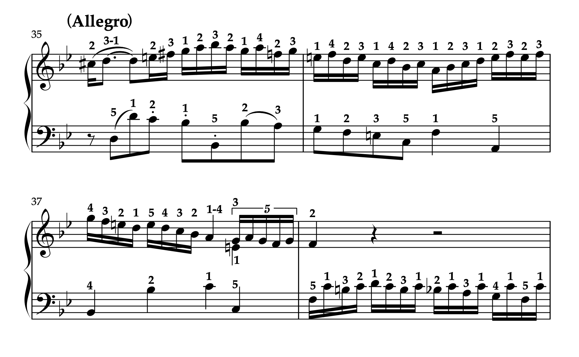 モーツァルト「ピアノソナタ K.333 第1楽章」35-38小節の楽譜。運指と装飾音の奏法の書き込み例が示されている。