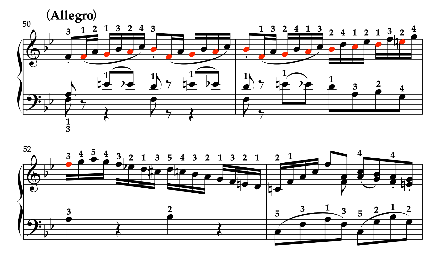 モーツァルト「ピアノソナタ K.333 第1楽章」50-53小節の楽譜。運指の書き込み例と、軸となる音の順次進行が赤い音符で示されている。