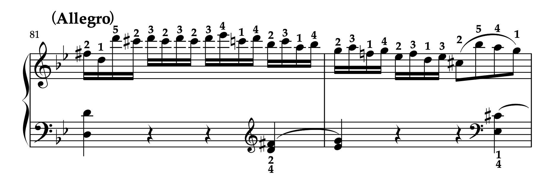 モーツァルト「ピアノソナタ K.333 第1楽章」81-82小節の楽譜。運指とウタの表現が示されている。