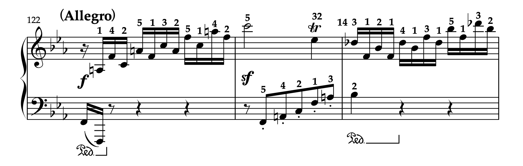 ベートーヴェン「ピアノソナタ 第18番 変ホ長調 Op.31-3 第1楽章」122-124小節の楽譜。運指とペダリングの書き込み例。