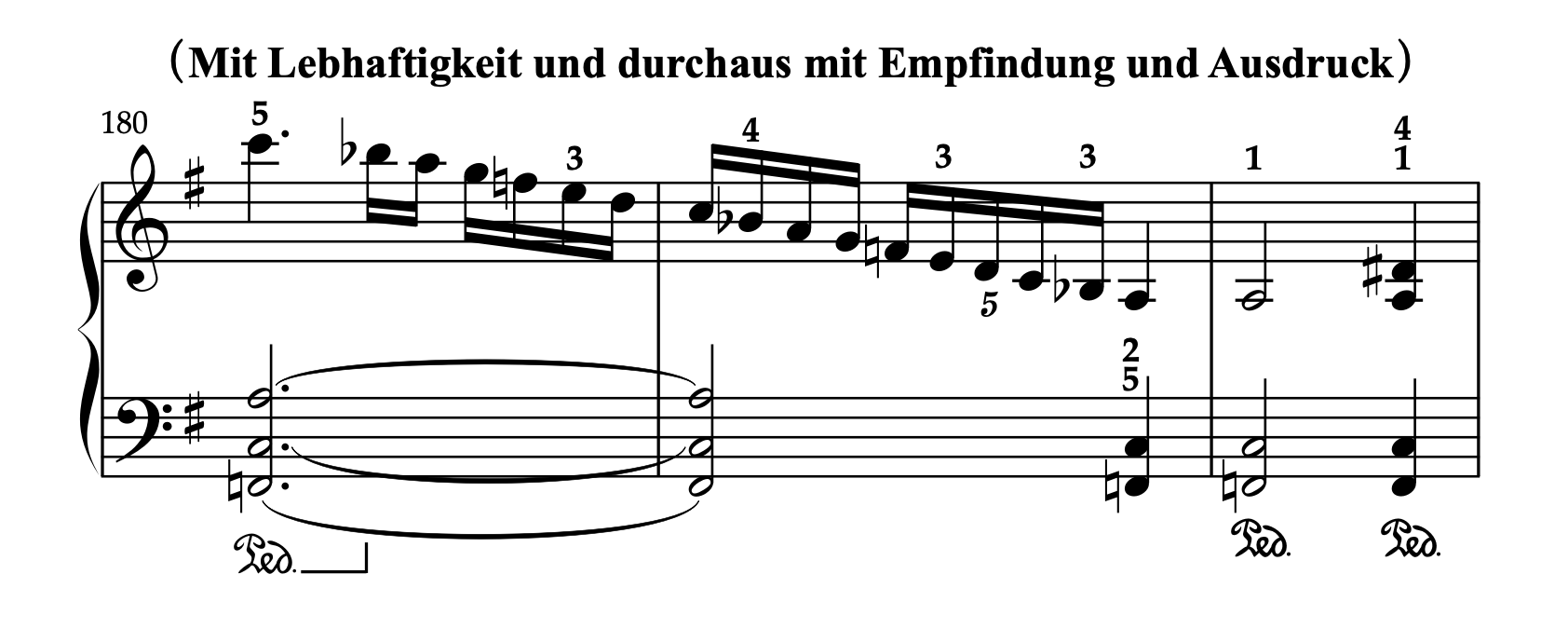 ベートーヴェン「ピアノソナタ 第27番 ホ短調 Op.90 第1楽章」180-182小節の運指・ペダリング参考譜例。
